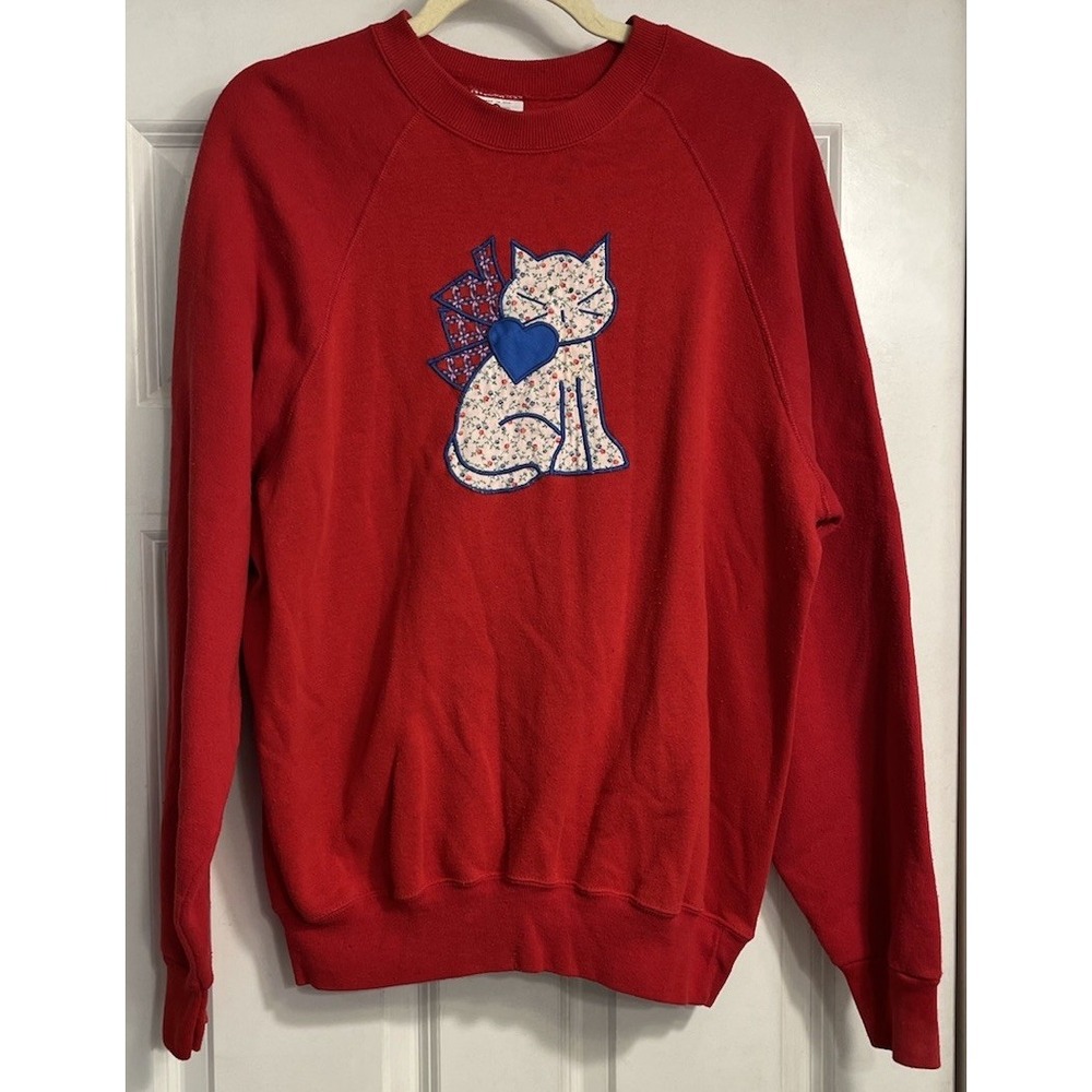 Vtg 90s Cat Sweatshirt Women XL Embroidered Red Y2K Lee Piling Used
